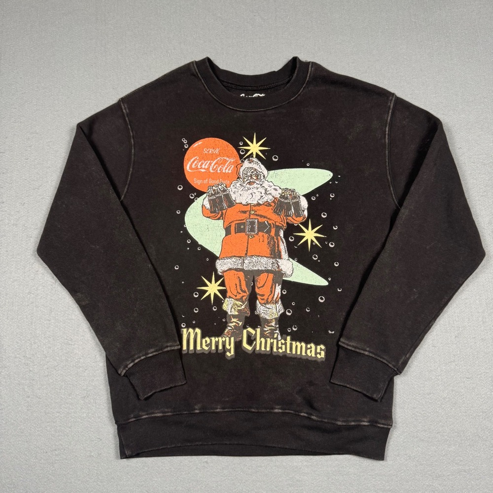 Coca-Cola Santa Claus Christmas Sweatshirt XS Black Graphic Holiday Pullover